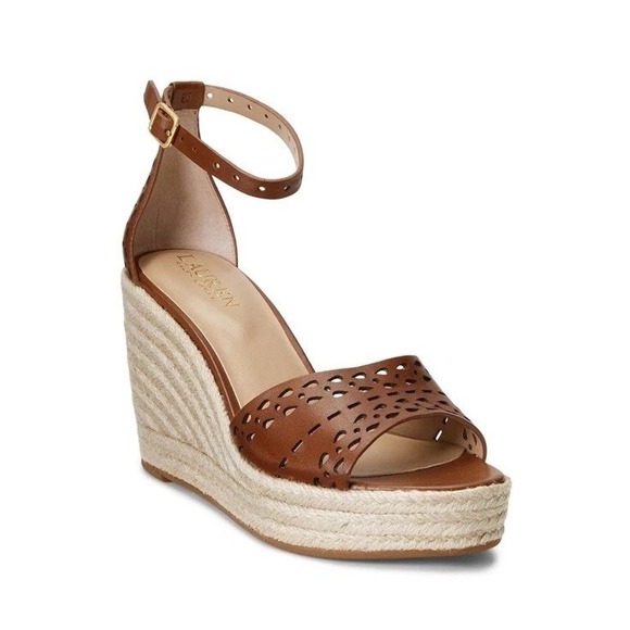 Ralph Lauren Hanna Wedge Tan Brown Leather Platform Sandals Woman's Size 8 40364 - Picture 1 of 11